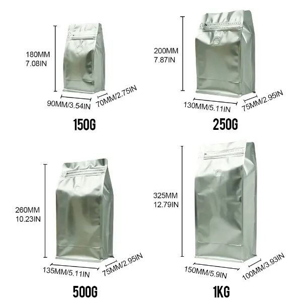 500G Stock — кофейные пакеты, выставленные для презентации бренда и розничной торговли