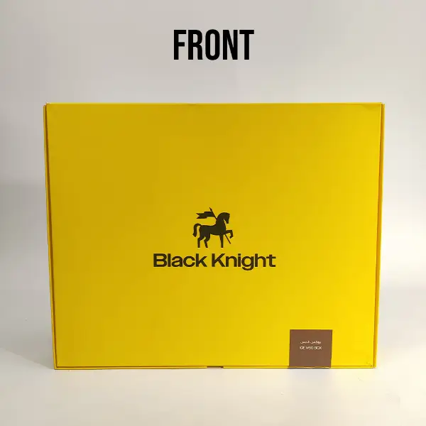 Вид спереди ярко-жёлтой бумажной коробки на заказ с брендом Black Knight