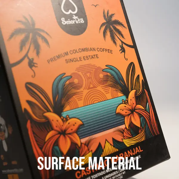 Premium surface material on custom printed drip coffee box