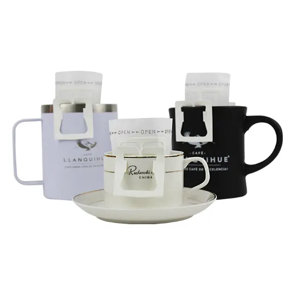 Drip coffee paper filters attached to various cups