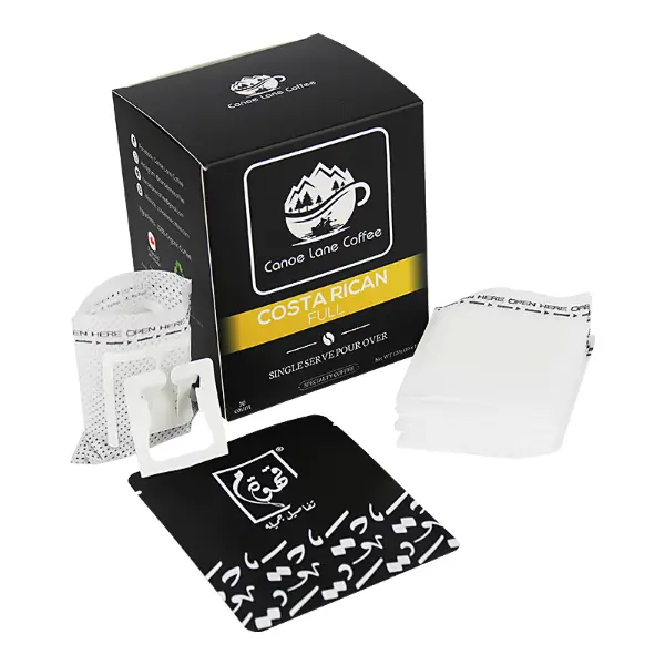 Seal type drip coffee filter bag placed on ceramic cup for single-serve pour-over