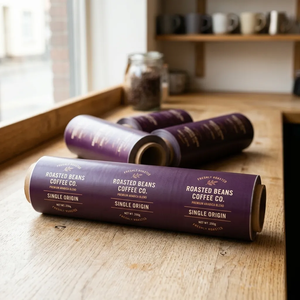фиолетовый Printed_packaging_film_rolls_on деревянный стол