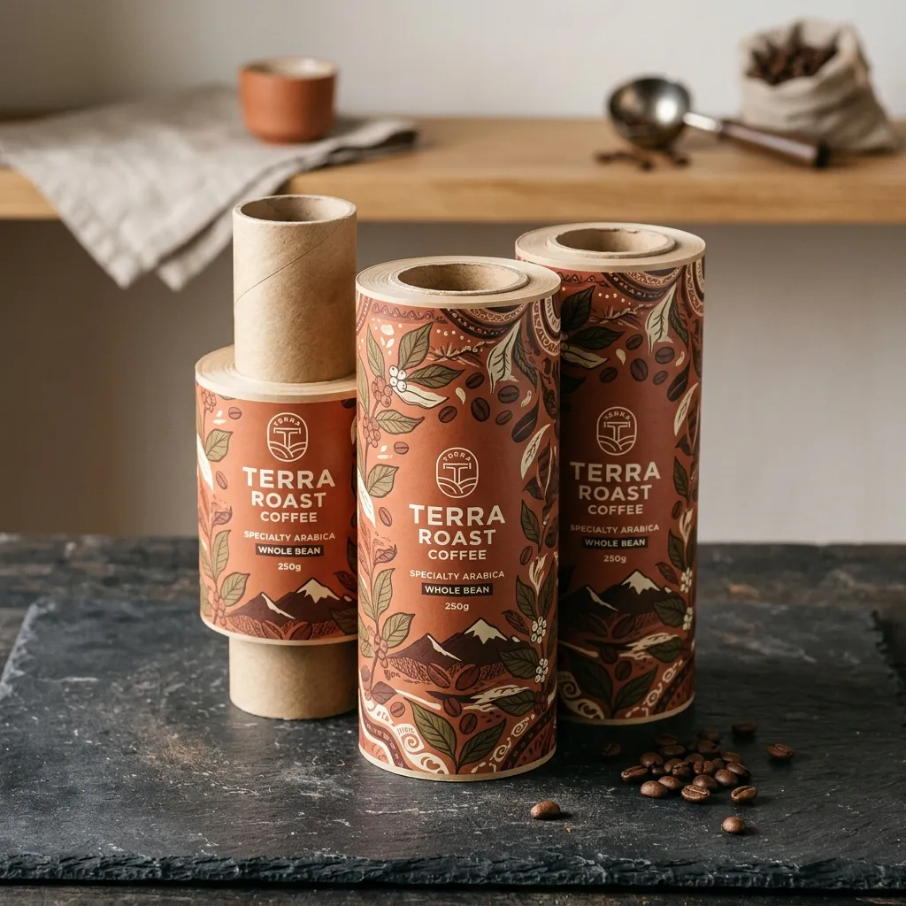 Коричневый Printed_packaging_film_rolls_stack на мраморе